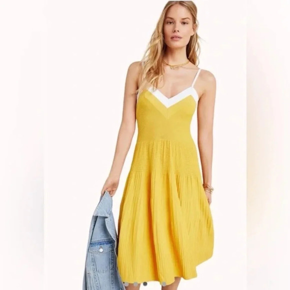 Anthropologie Eva Franco Jolie pleated knit Tiered Dress Yellow 33634 - Picture 1 of 14